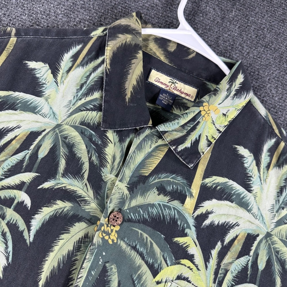 Tommy Bahama Mens Silk Palm Tree Print Herringbone Camp Shirt Black Green Large